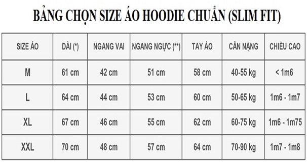 Bảng thông số chọn size áo hoodie form rộng (free style) thường dựa vào chiều cao cân nặng