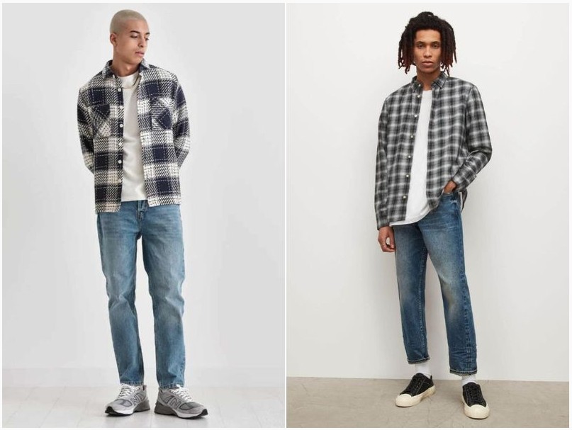 Áo sơ mi flannel cùng quần jean xanh phong cách